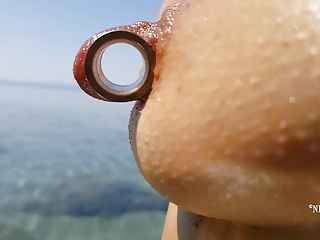 Nippleringlover - Horny Milf Pissing On The Nude Beach, Pierced Pussy, Wide Open, Huge Pierced Nipples free video