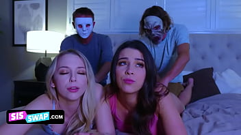 Two Horny Stepbrothers Put On Masks To Trick Their Cute Assed Stepsisters And Lick Them From Behind free video